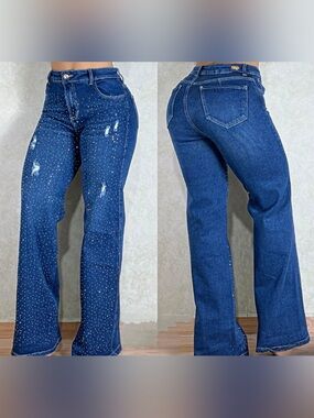 Blue Rhinestone High-Rise Flare Jeans